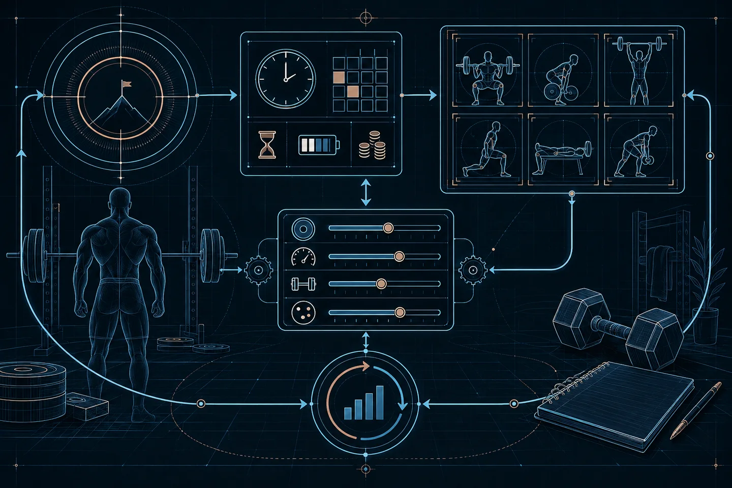 Blueprint illustration connecting a training goal, available time, movement choices, and review.
